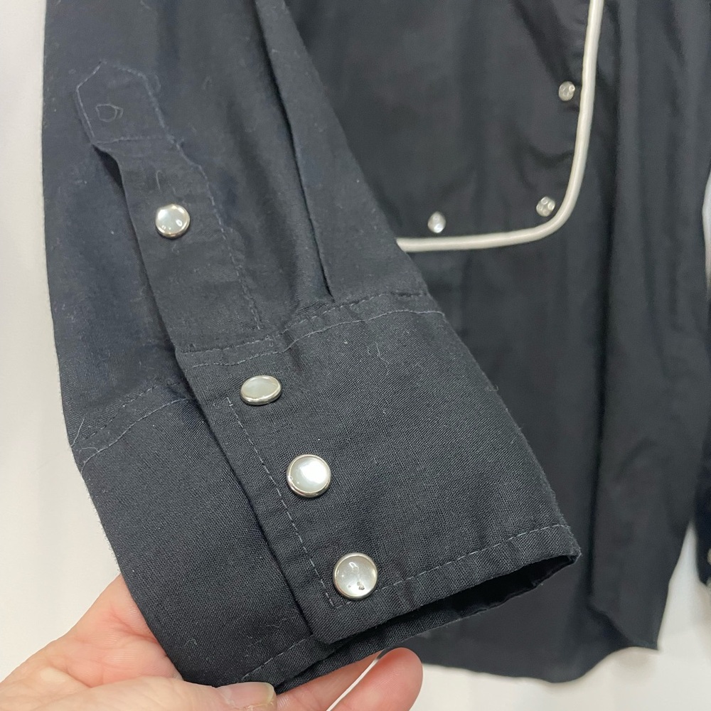 VTG Western Trends by Panhandle Slim Black Pearl Snap Bib Shirt w/ white trim - Picture 4 of 15